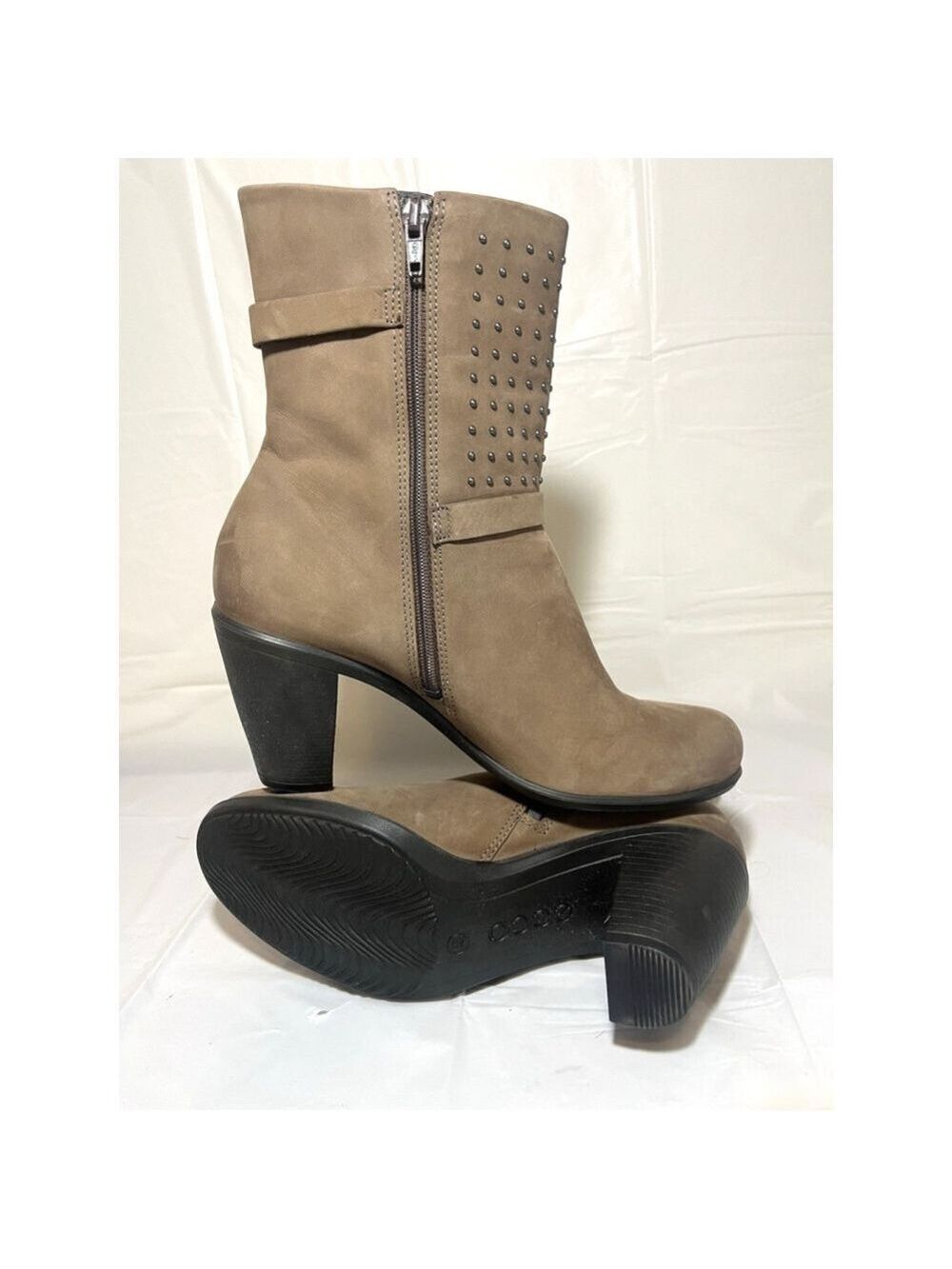 ECCO Touch 75 Mid Cut Brown TAUPE BROWN Leather Studded Heel Boots Women’s